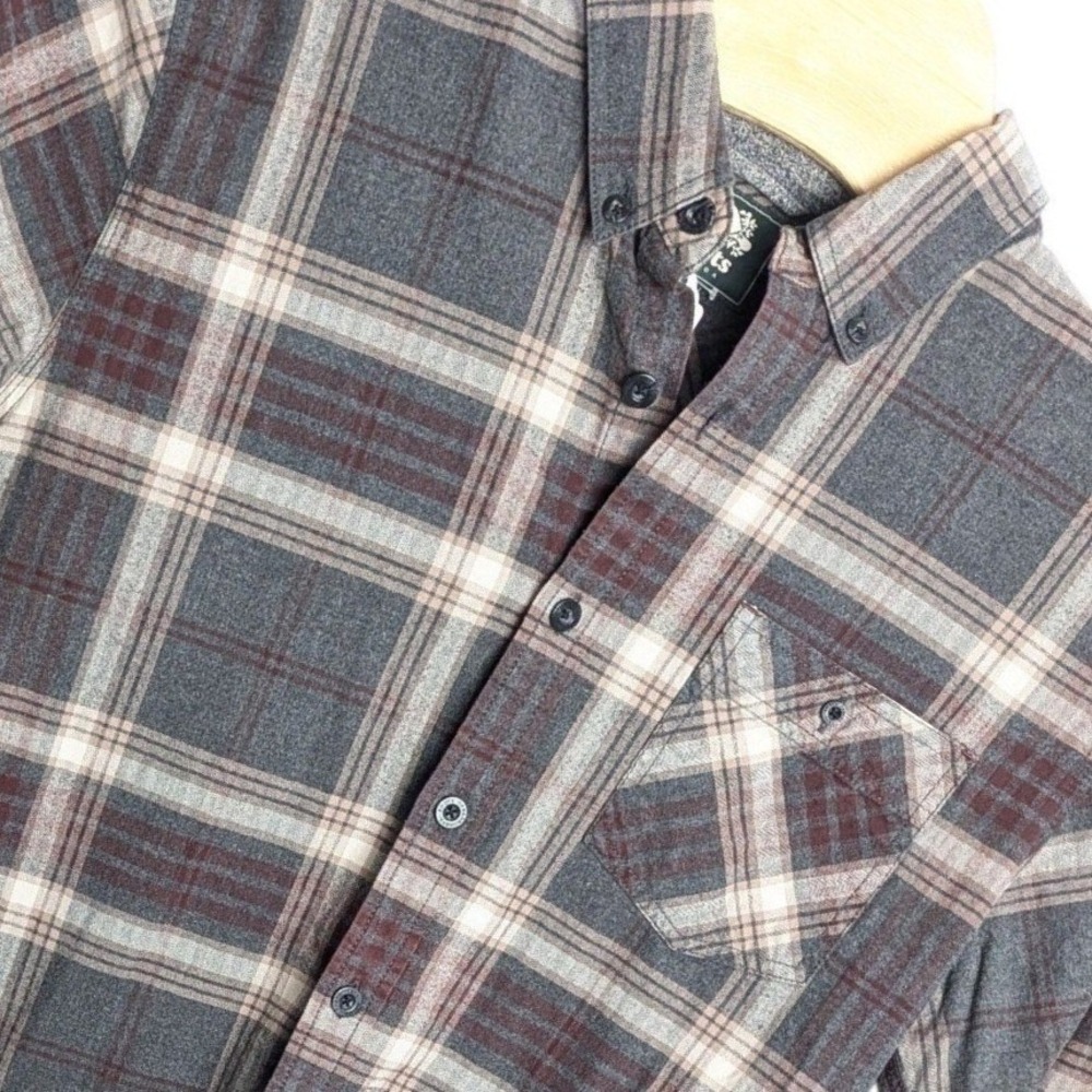 Roots Canada Mens Grey Burgundy Plaid Flannel Gorpcore Utility Button Shirt L